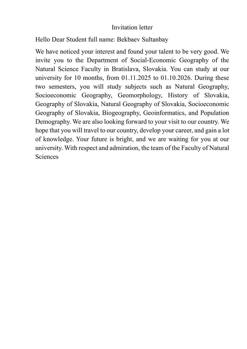 Invitation Letter to Study at Bratislava, Slovakia 1