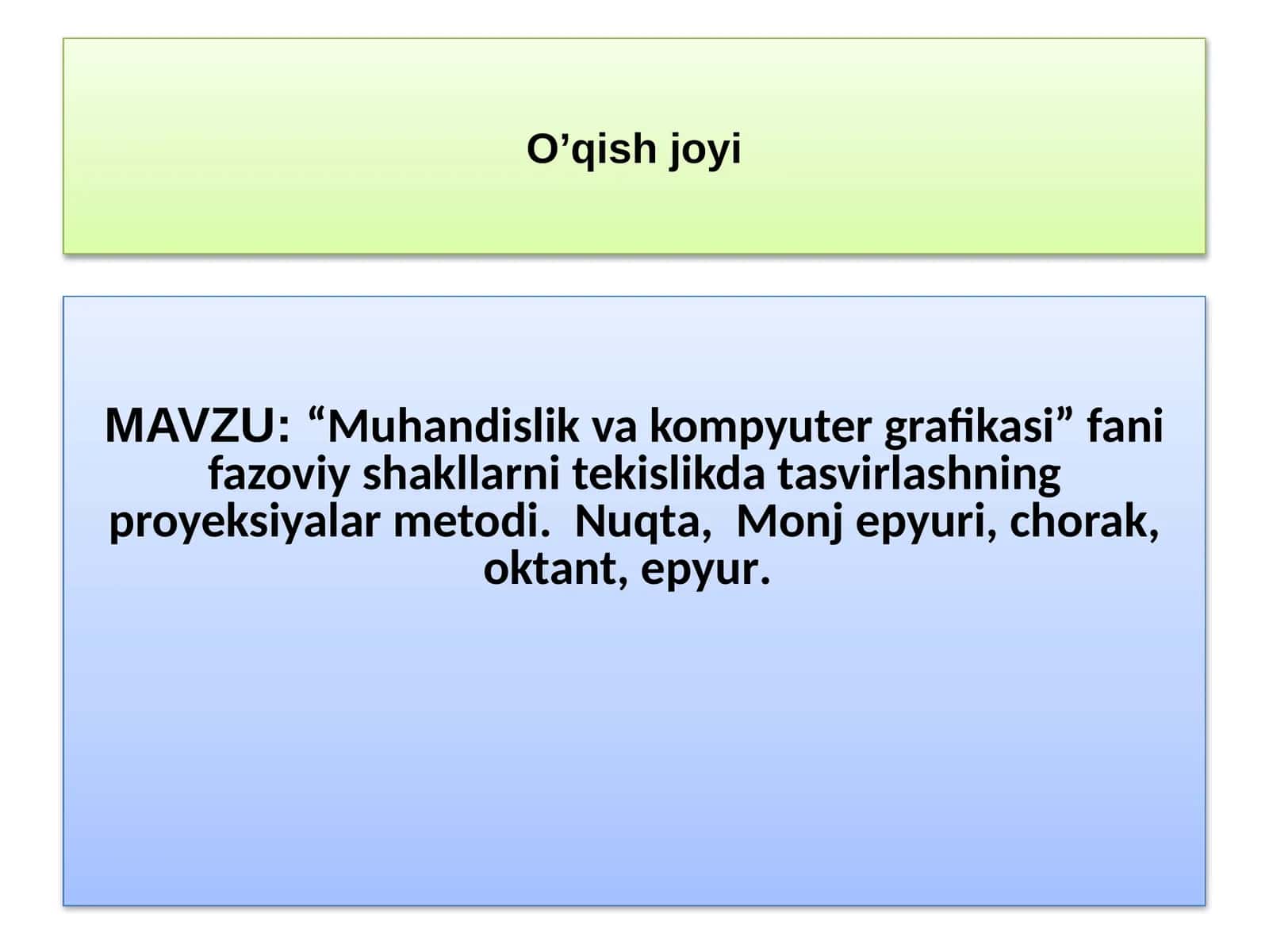 “Muhandislik va kompyuter grafikasi” fani fazoviy shakllarni tekislikda tasvirlashning proyeksiyalar metodi.  Nuqta,  Monj epyuri, chorak, oktant, epyur. 1