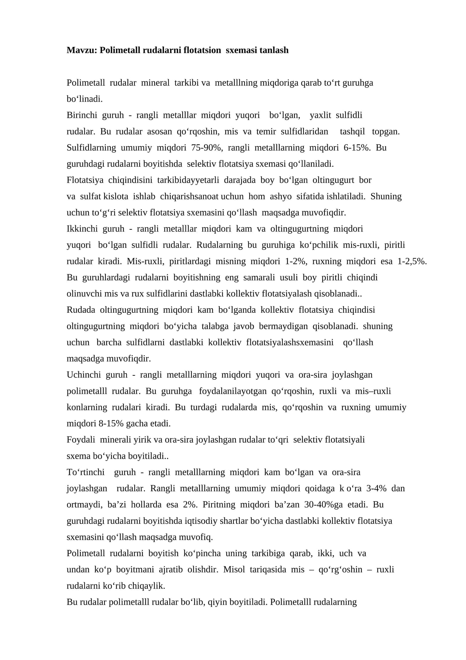 Polimetall rudalarni flotatsion sxemasi tanlash 1