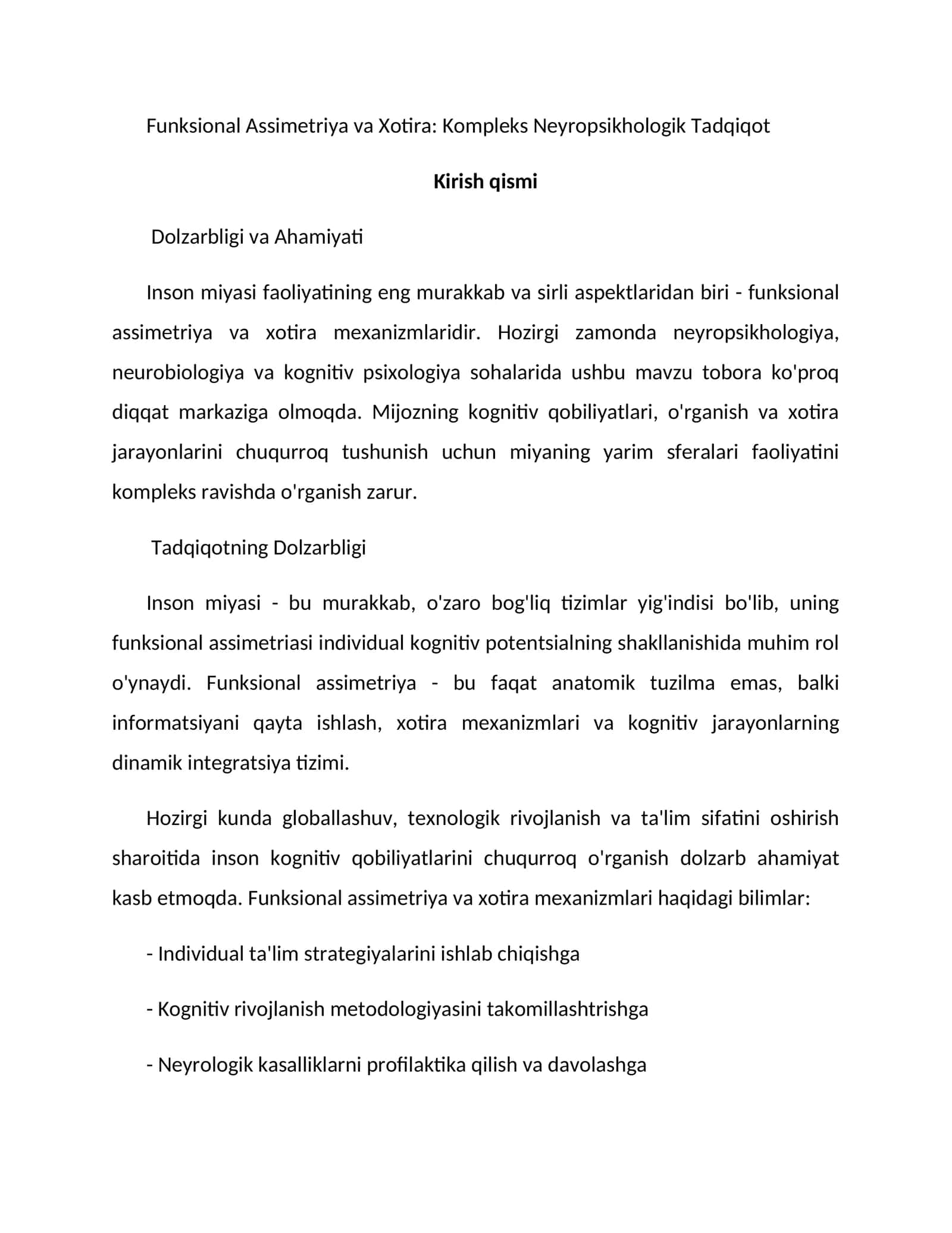 Funksional Assimetriya va Xotira: Kompleks Neyropsikhologik Tadqiqot 1