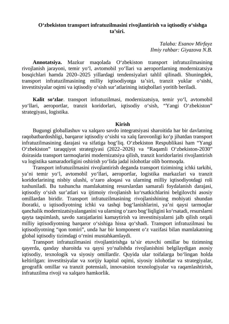 O‘zbekiston transport infratuzilmasini rivojlantirish va iqtisodiy o‘sishga ta’siri 1