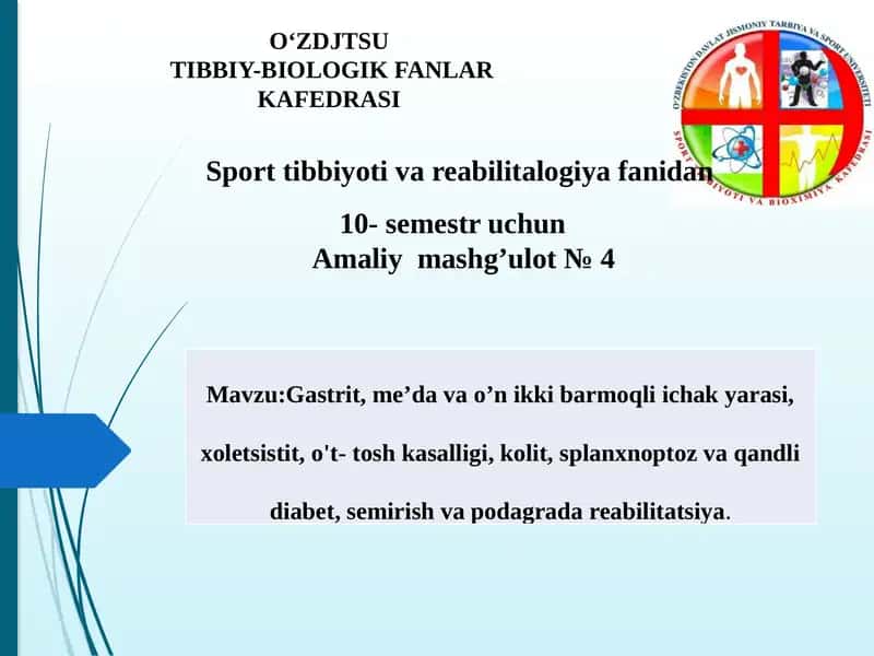 Sport Tibbiyoti va Reabilitalogiya Fanidan 10-Semestr Uchun Amaliy Mashg'ulot 1
