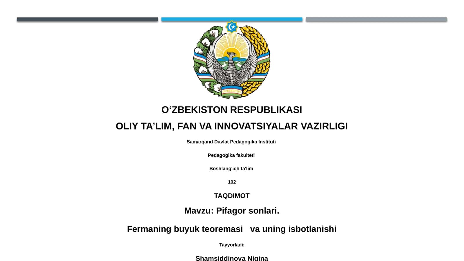 Pifagor sonlari va Fermatning so'nggi teoremasi 1
