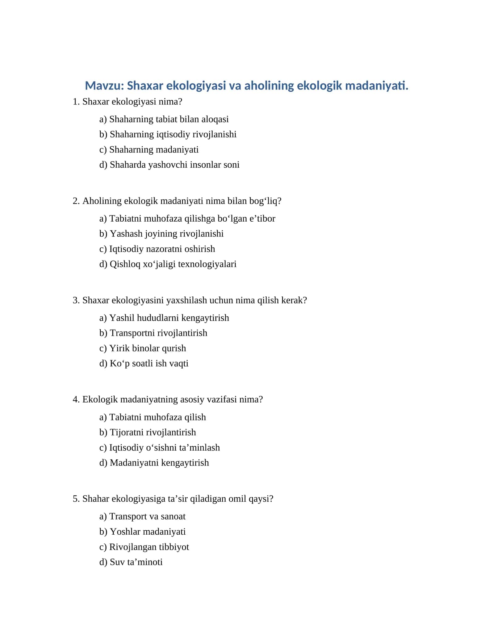 Shaxar ekologiyasi va aholining ekologik madaniyati 1