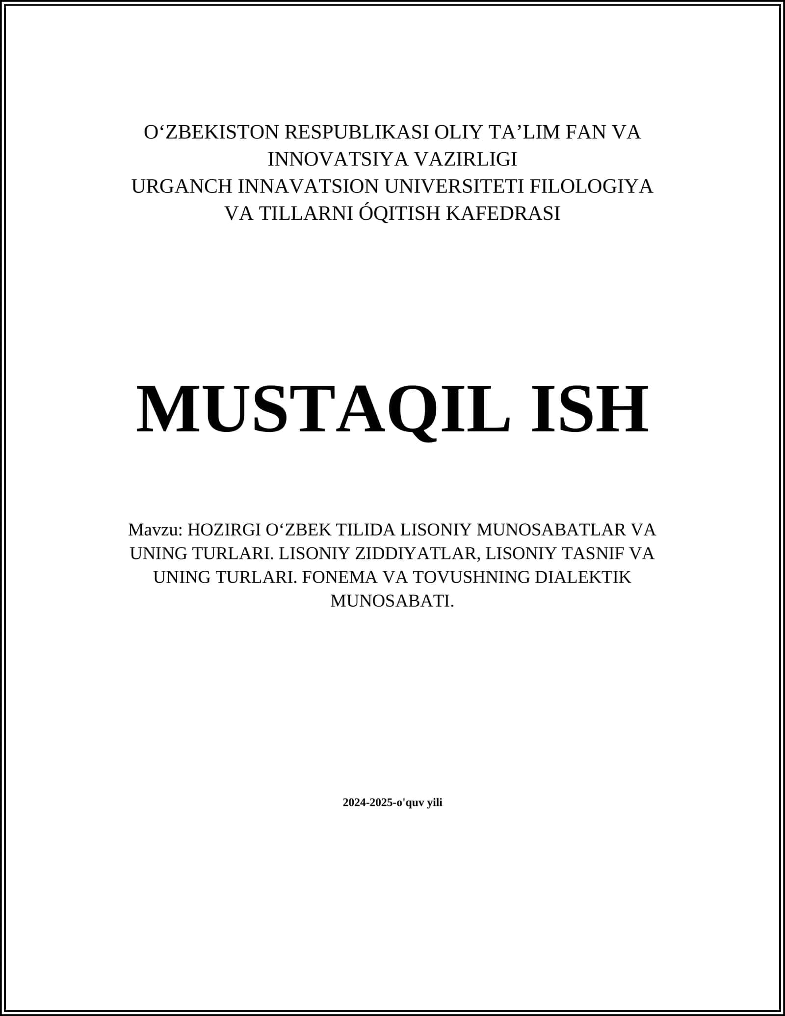 HOZIRGI O‘ZBEK TILIDA LISONIY MUNOSABATLAR VA UNING TURLARI 1