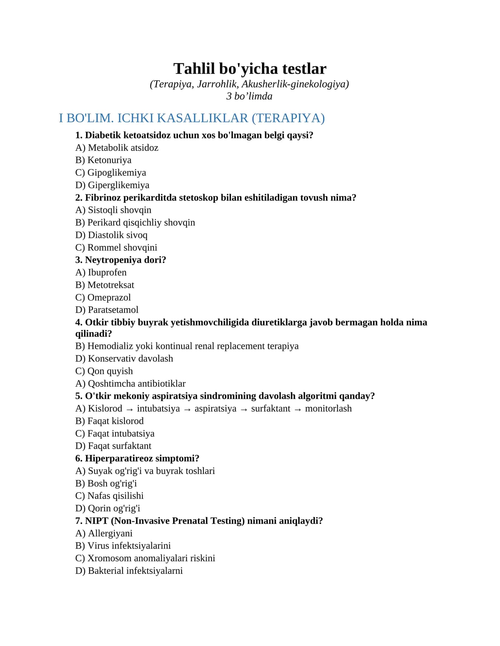 Tahlil bo'yicha testlar (Terapiya, Jarrohlik, Akusherlik-ginekologiya) 1