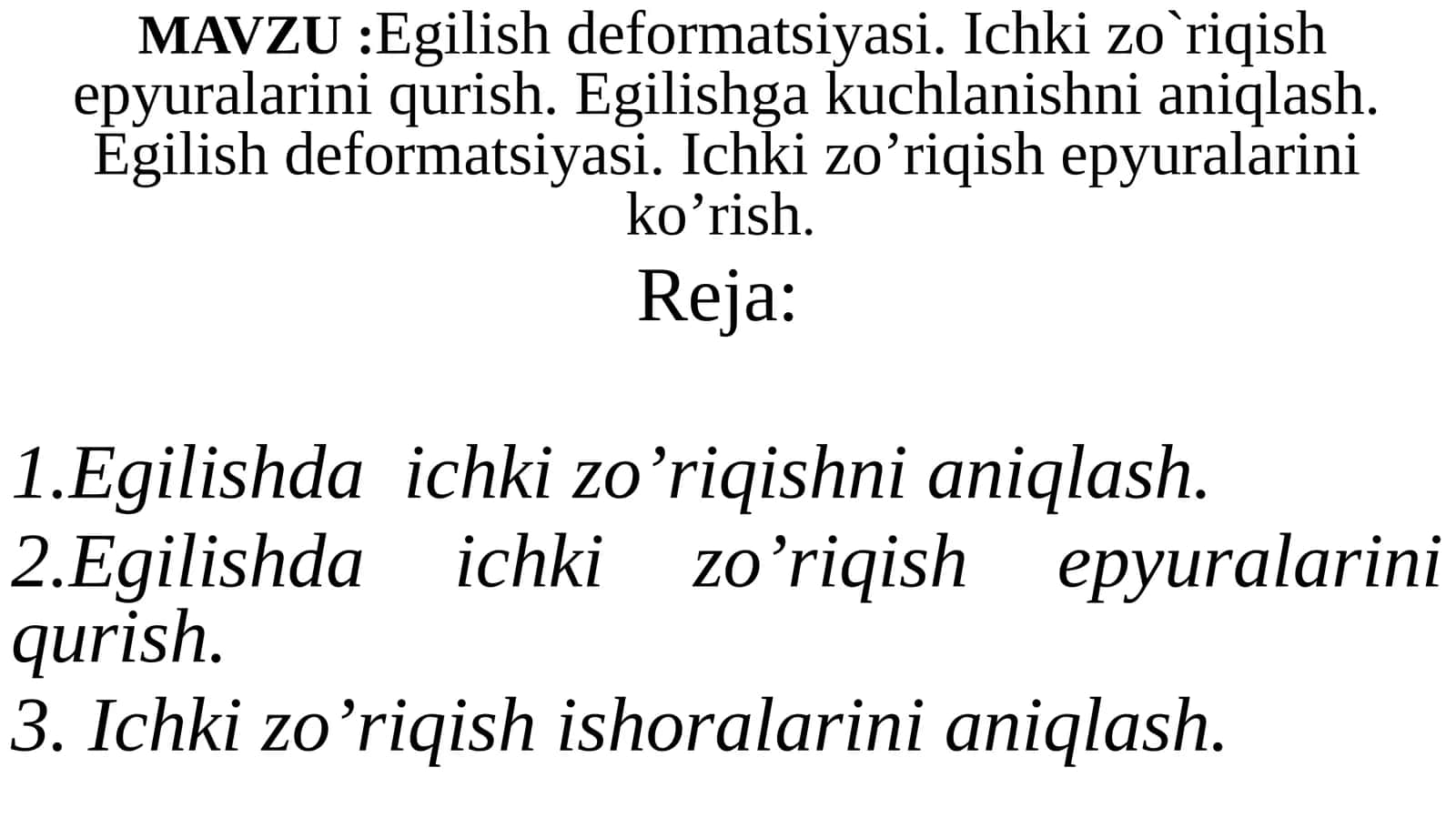 Egilish deformatsiyasi. Ichki zo'riqish shepyuralarini qurish. Egilish kuchlanishni aniqlash. Egilish deformatsiyasi. Ichki zo'riqish shepyuralarini ko'rish 1