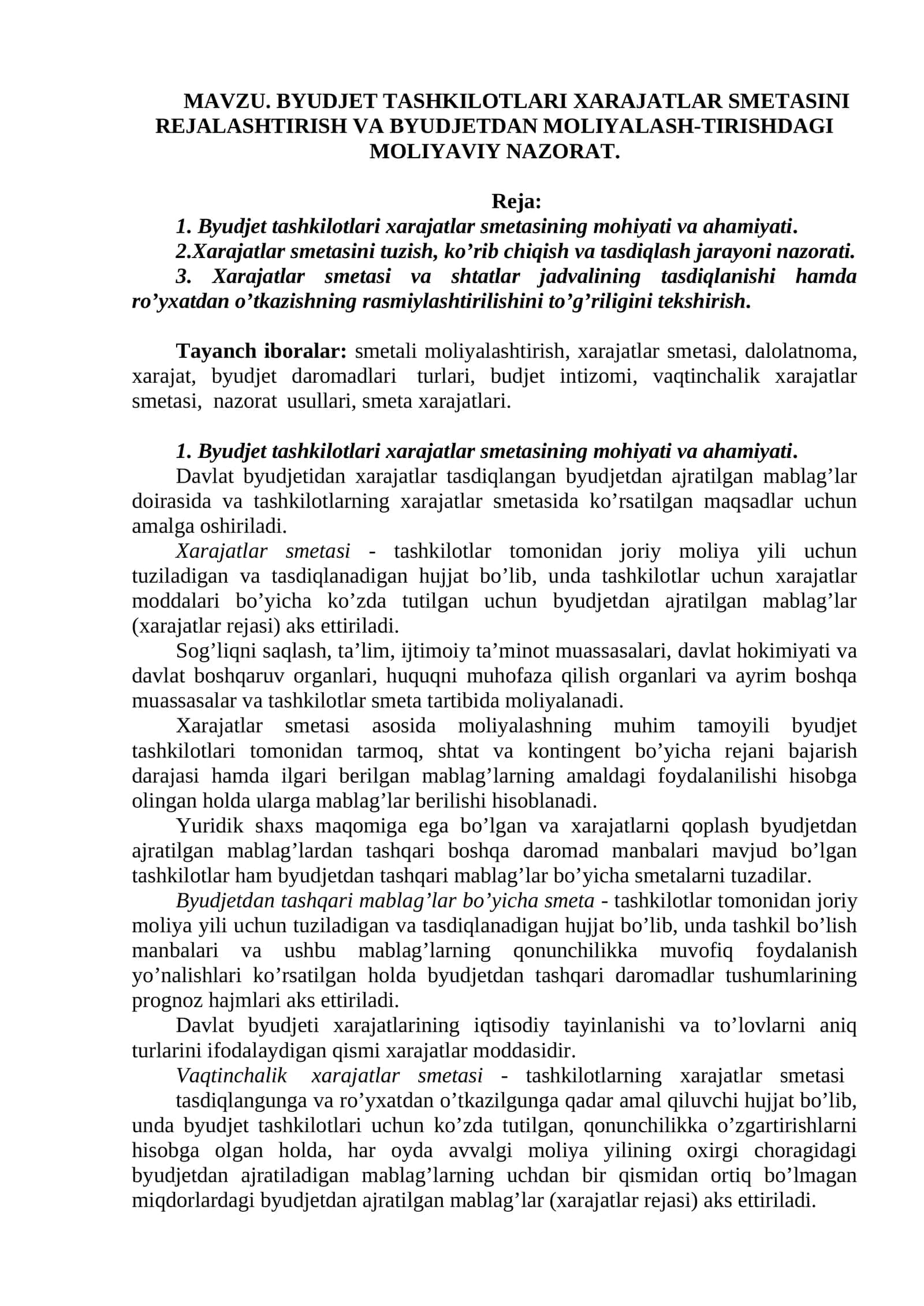 BYUDJET TASHKILOTLARI XARAJATLAR SMETASINI REJALASHTIRISH VA BYUDJETDAN MOLIYALASH-TIRISHDAGI MOLIYAVIY NAZORAT 1