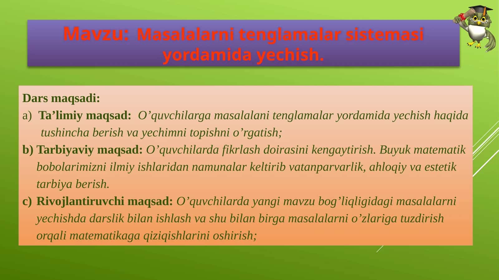 Masalalarni tenglamalar sistemasi yordamida yechish 1