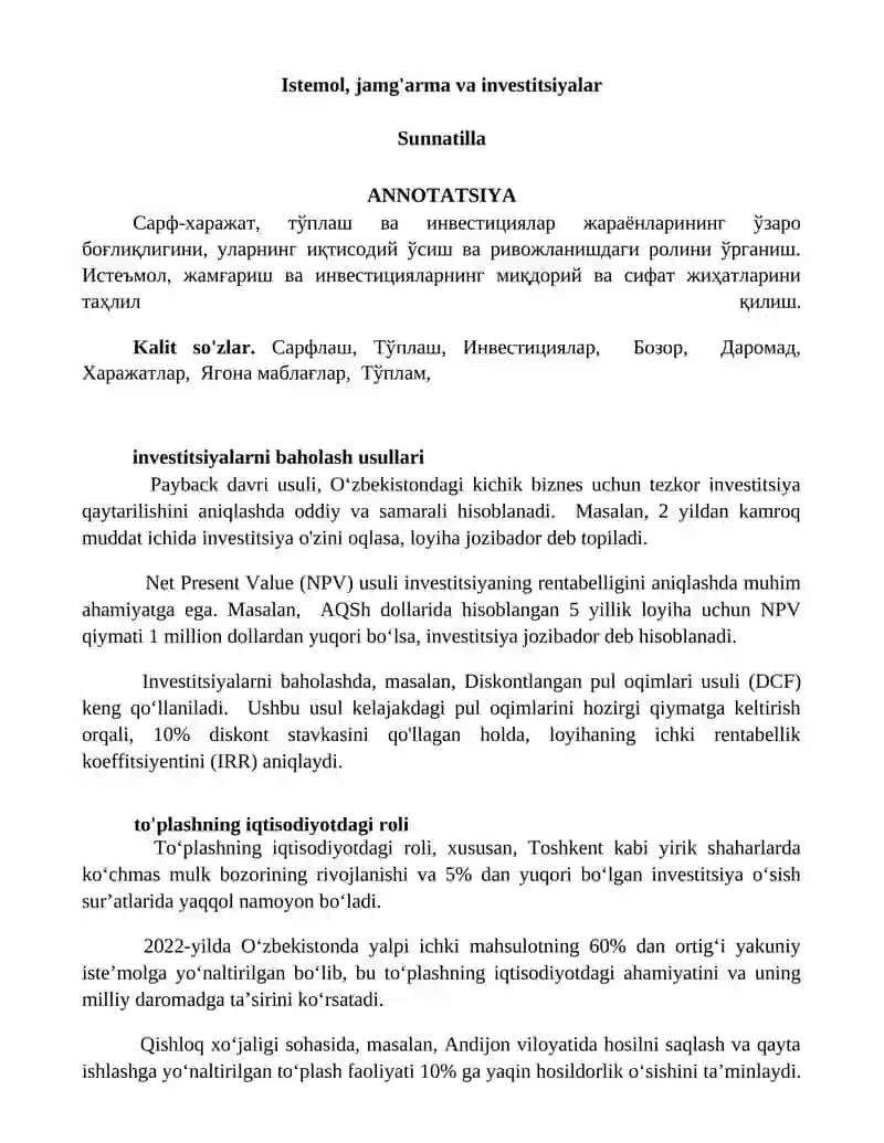 investitsiyalarni baholash usullari