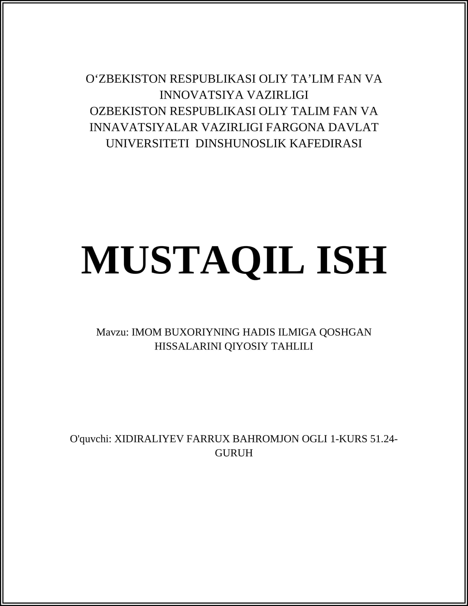 IMOM BUXORIYNING HADIS ILMIGA QOSHGAN HISSALARINI QIYOSIY TAHLILI 1