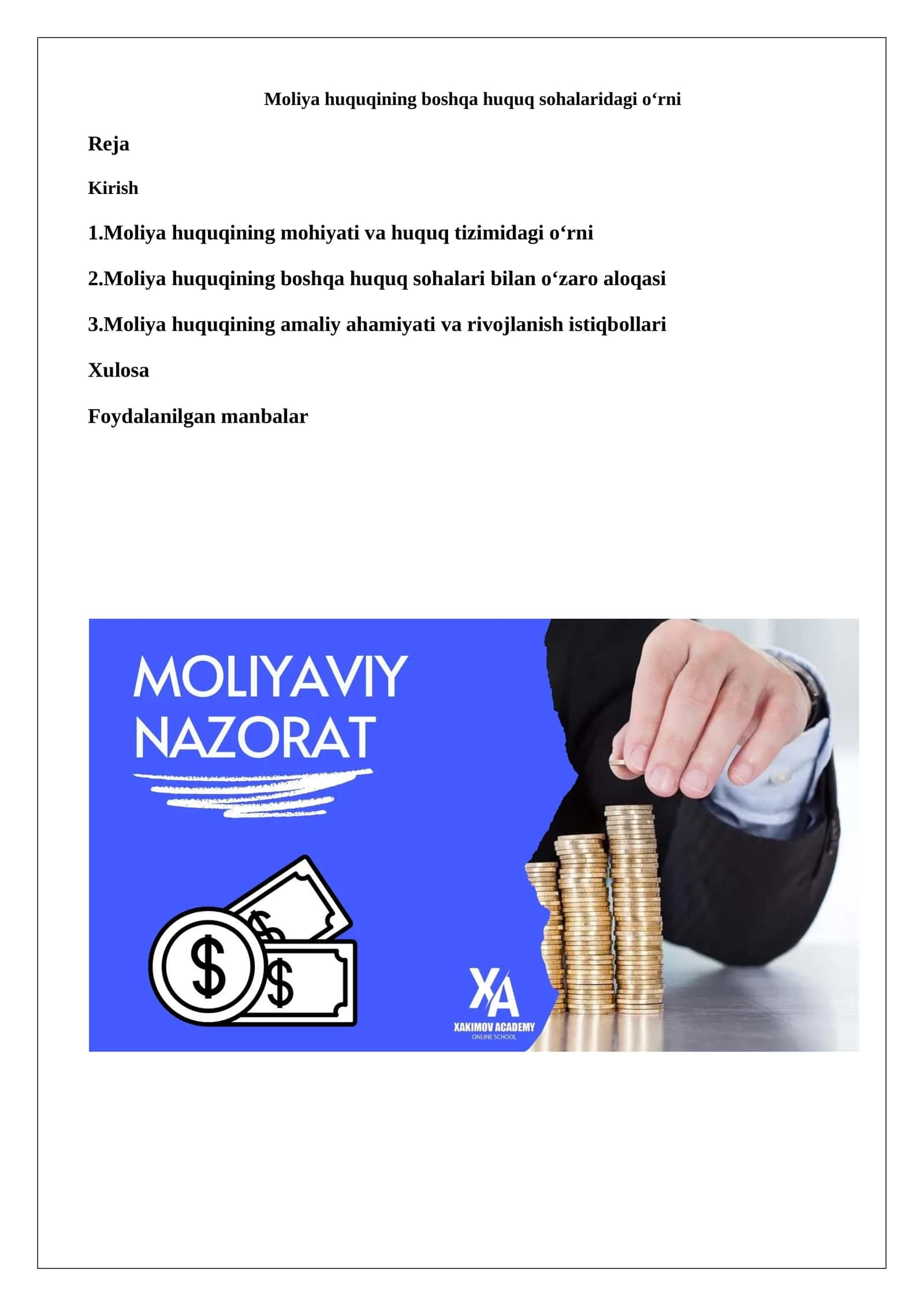 Moliya huquqining boshqa huquq sohalaridagi o‘rni 1