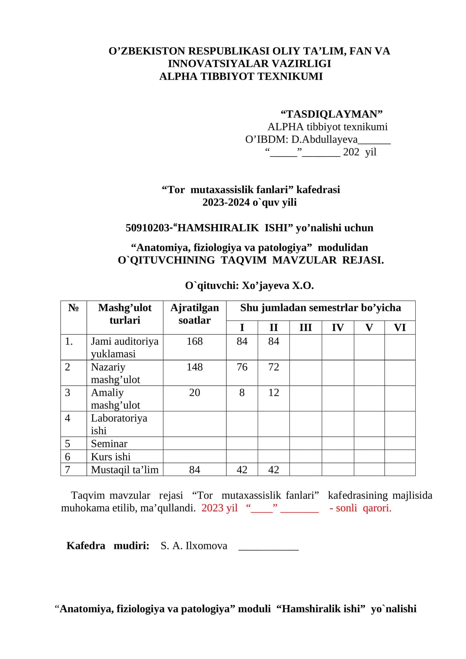 O`QITUVCHINING TAQVIM MAVZULAR REJASI 1