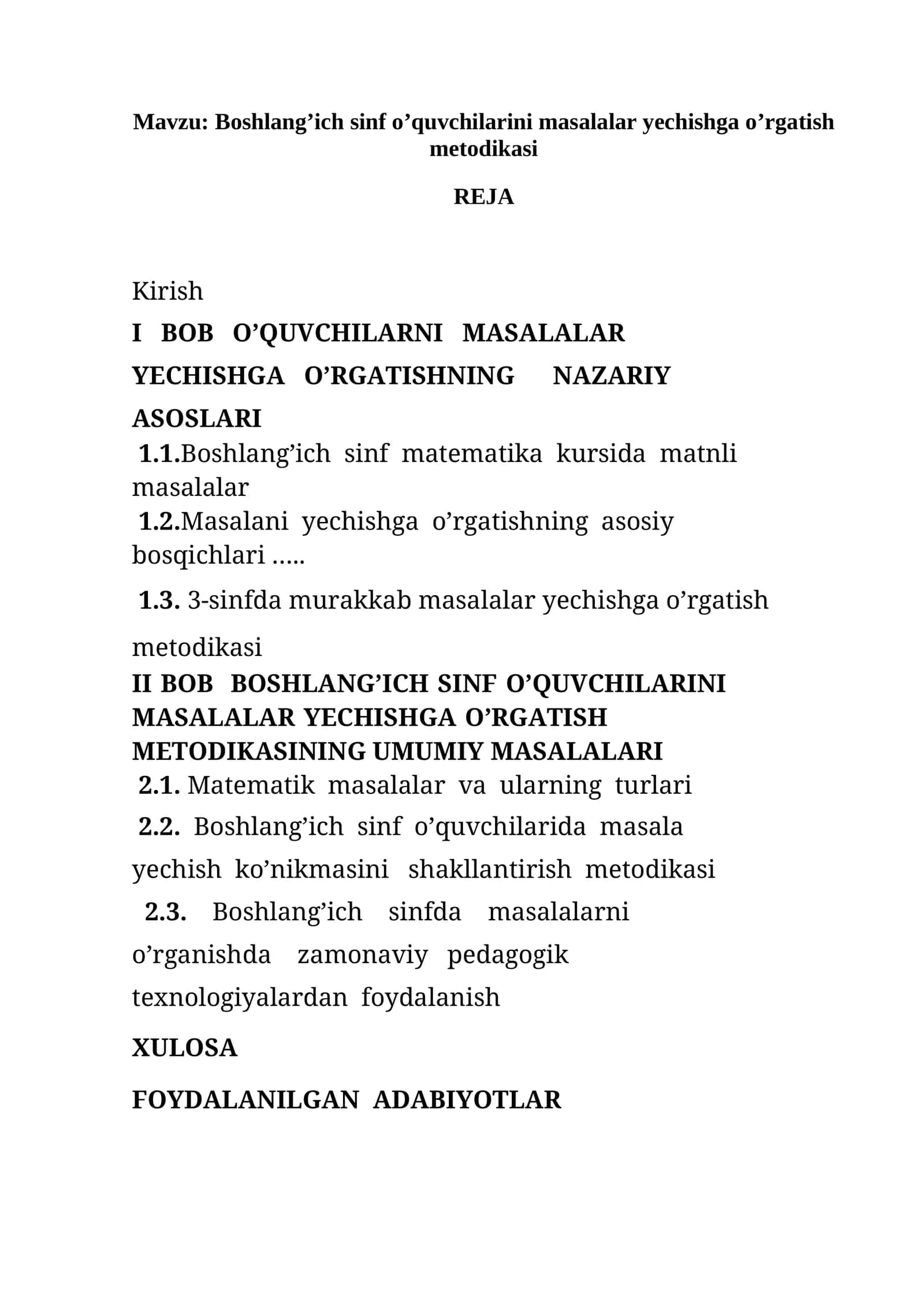 Boshlang’ich sinf o’quvchilarini masalalar yechishga o’rgatish metodikasi 1