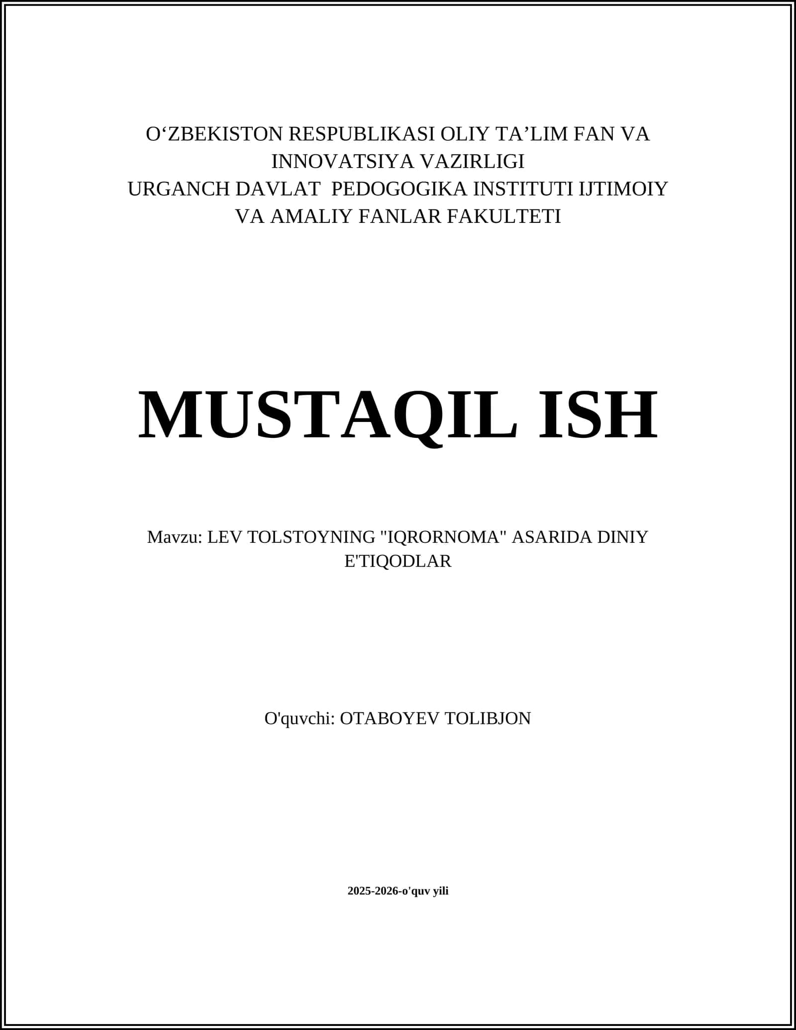 Lev Tolstoyning "Iqrornoma" asarida diniy e'tiqodlar 1