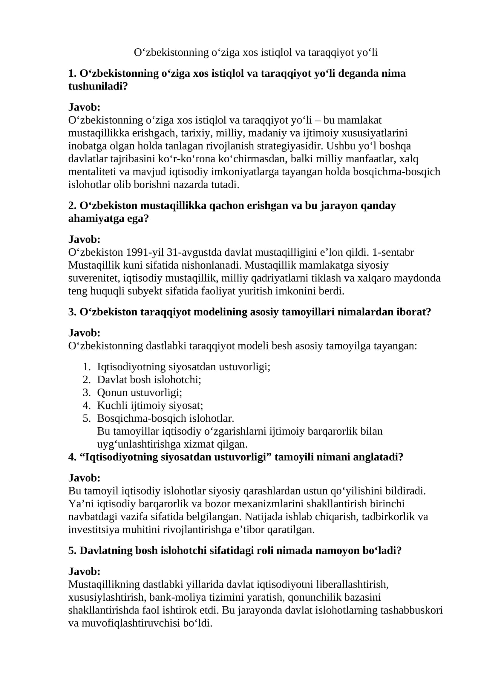 O‘zbekistonning o‘ziga xos istiqlol va taraqqiyot yo‘li 1