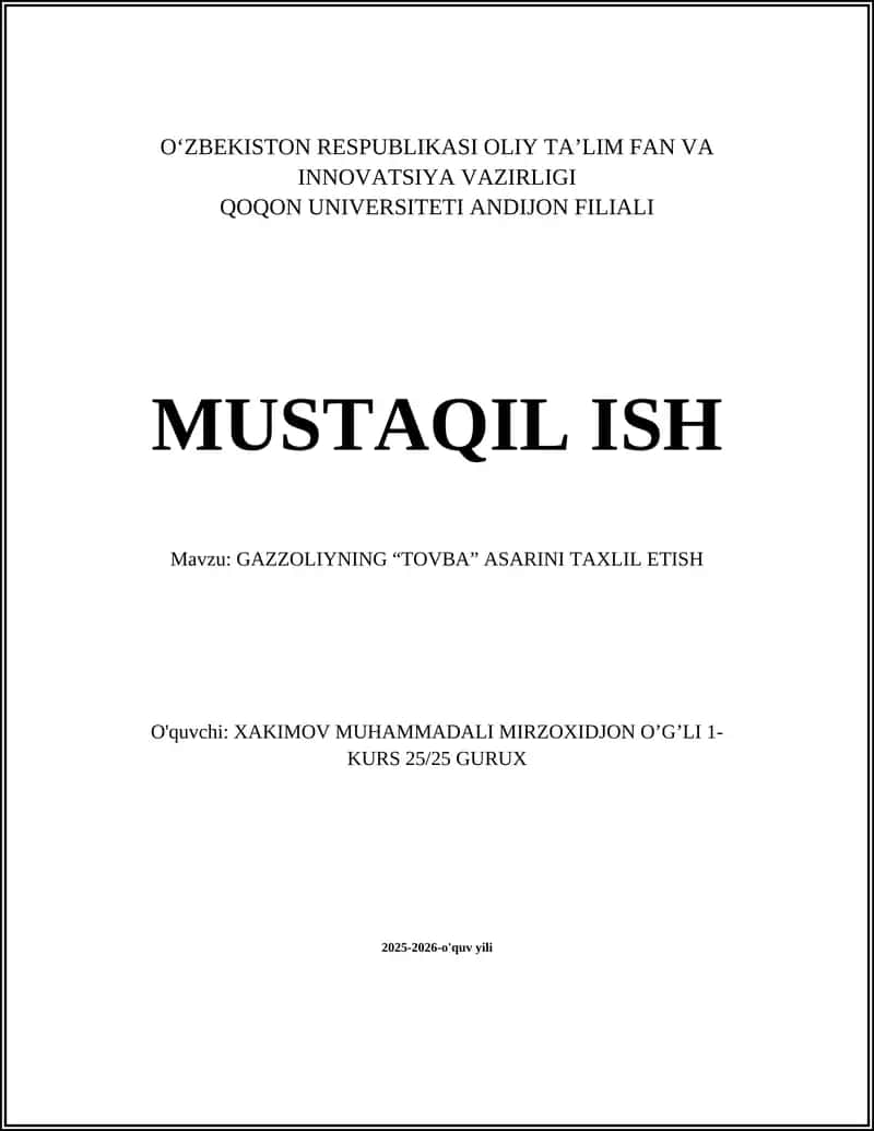 Gazzoliyning “Tovba” asarini taxlil etish 1