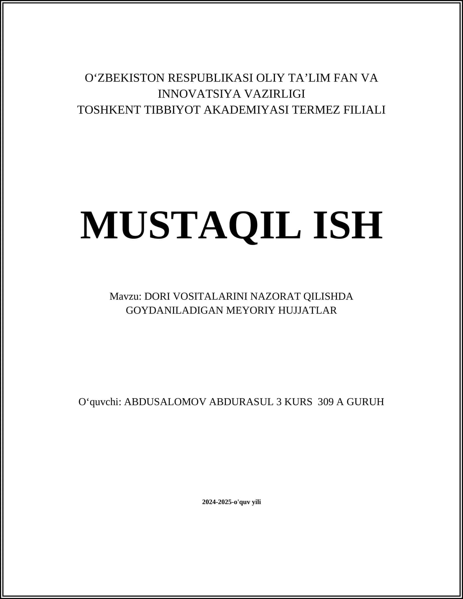 DORI VOSITALARINI NAZORAT QILISHDA GOYDANILADIGAN MEYORIY HUJJATLAR 1