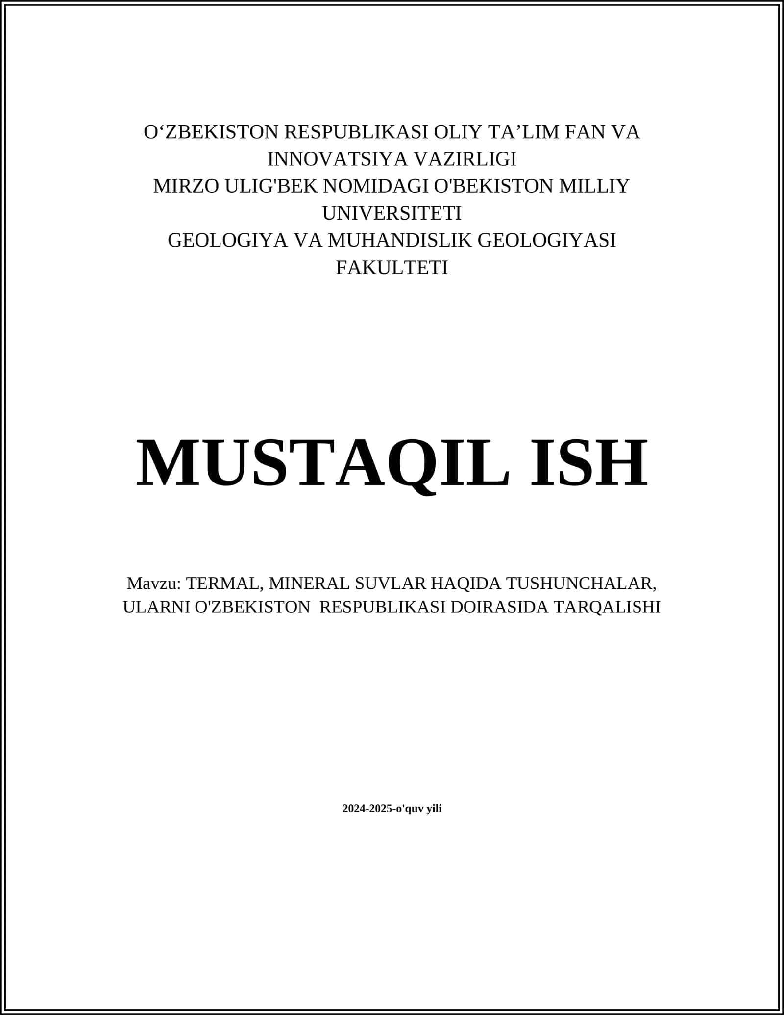 TERMAL, MINERAL SUVLAR HAQIDA TUSHUNCHALAR, ULARNI O'ZBEKISTON RESPUBLIKASI DOIRASIDA TARQALISHI 1