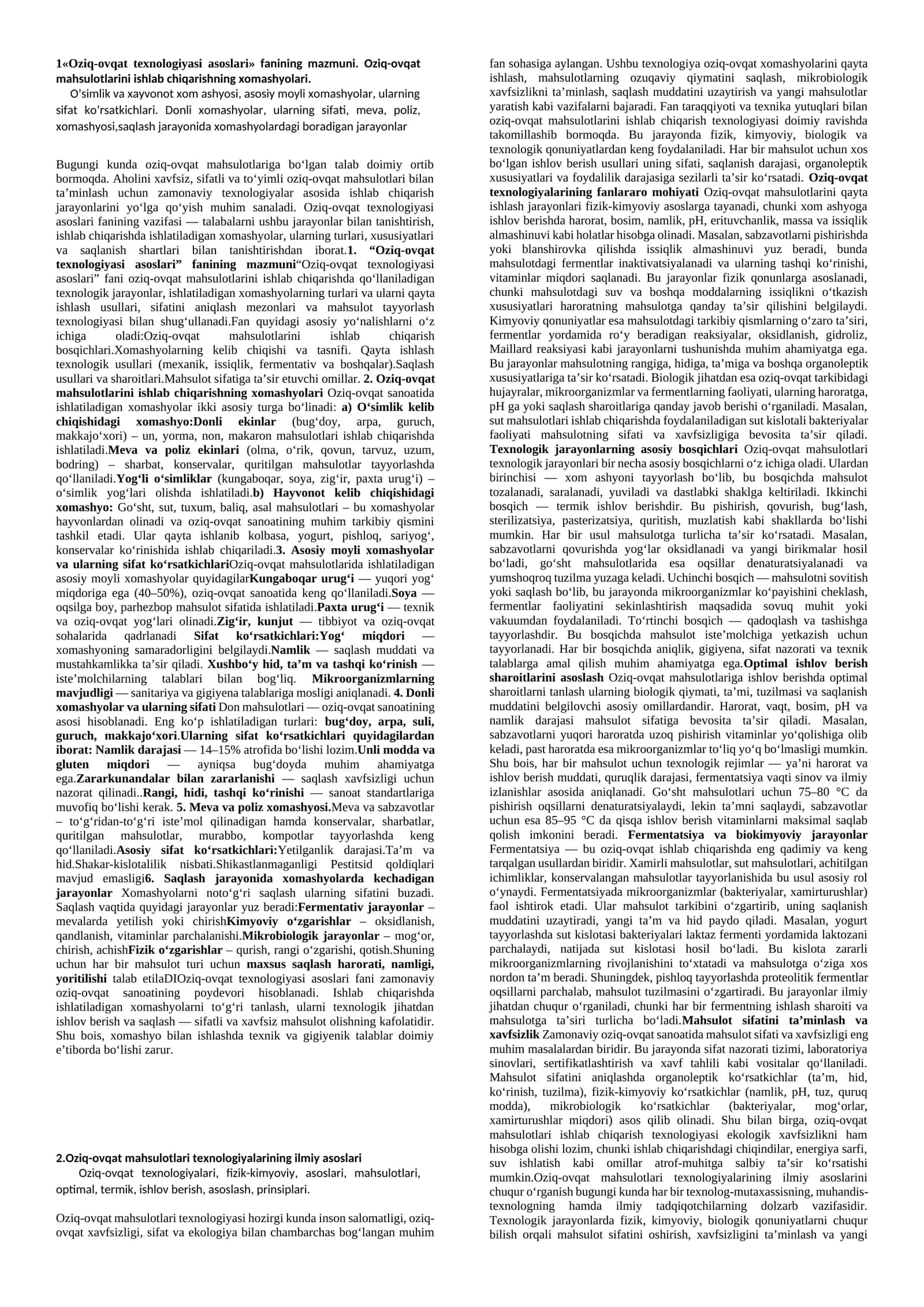 Oziq-ovqat texnologiyasi asoslari fanining mazmuni 1