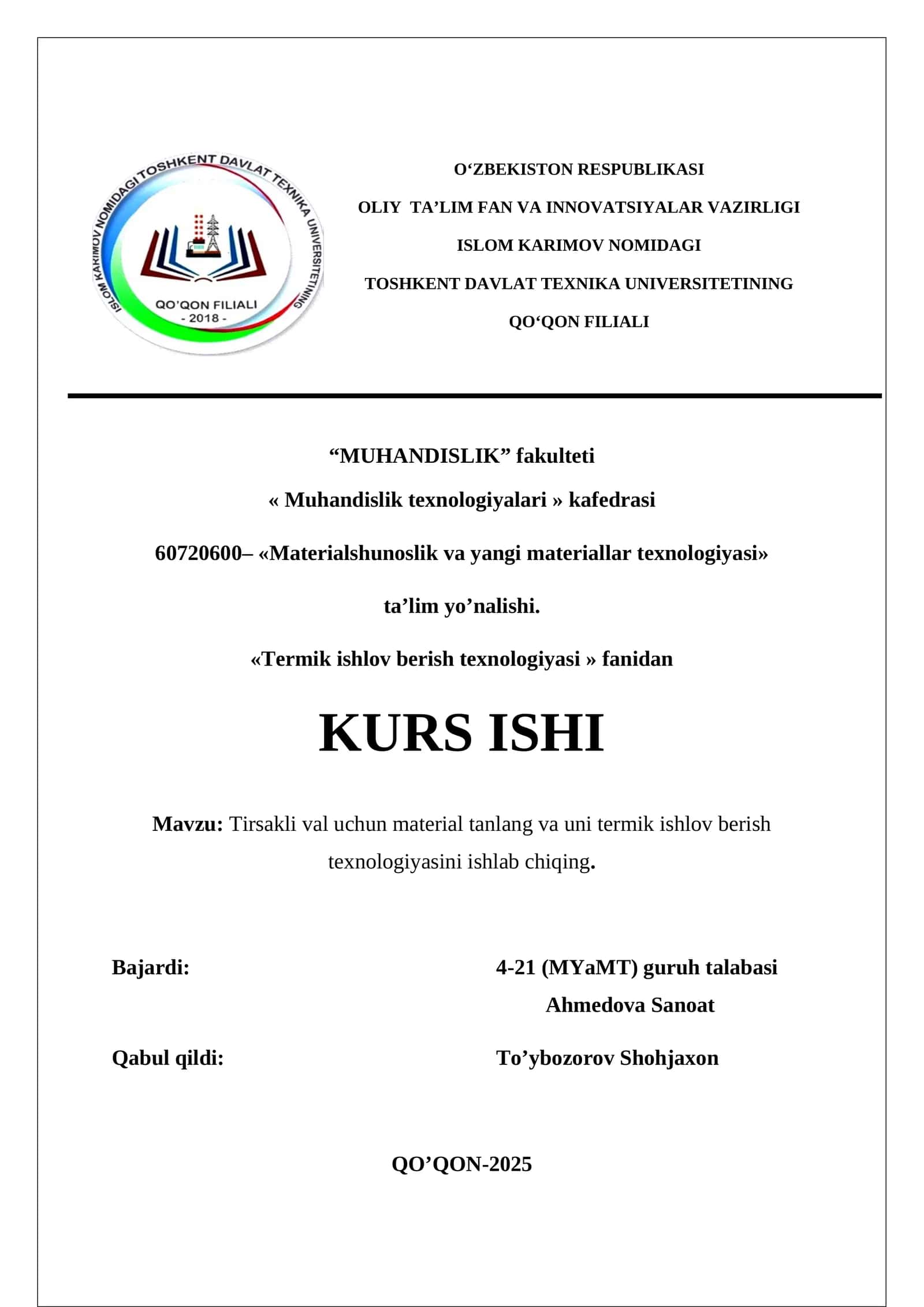 Tirsakli val uchun material tanlov 1