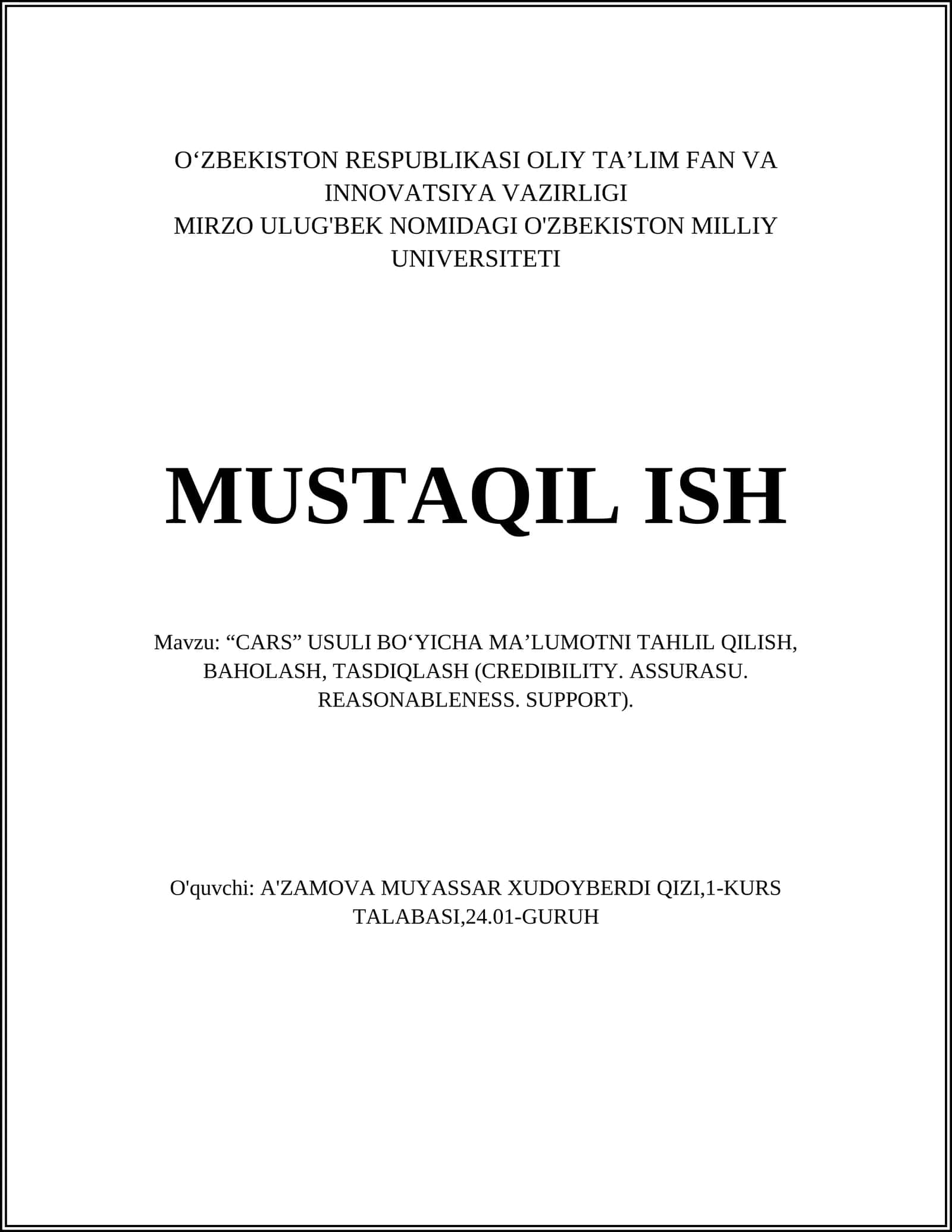 CARS USULI BO‘YICHA MA’LUMOTNI TAHLIL QILISH, BAHOLASH, TASDIQLASH 1
