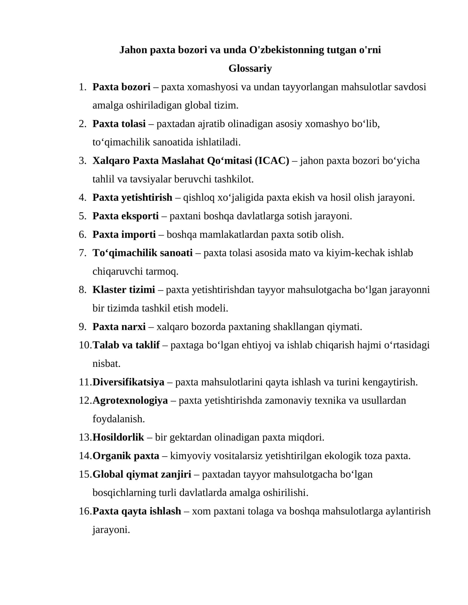 Paxta bozori va unda O'zbekistonning tutgan o'rni 1