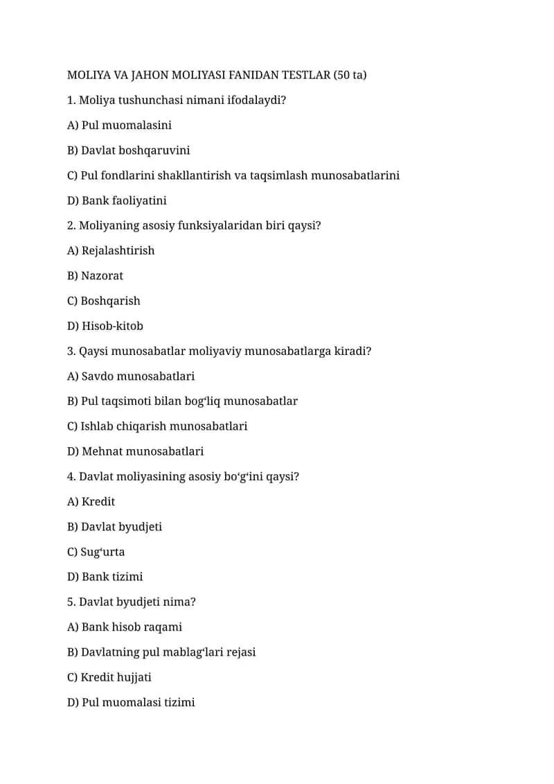 MOLIYA VA JAHON MOLIYASI FANIDAN TESTLAR (50 ta) 1