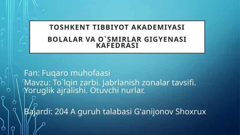To`lqin zarbi. Jabrlanish zonalari tavsifi. Yoruglik ajralishi. Otuvchi nurlar 1