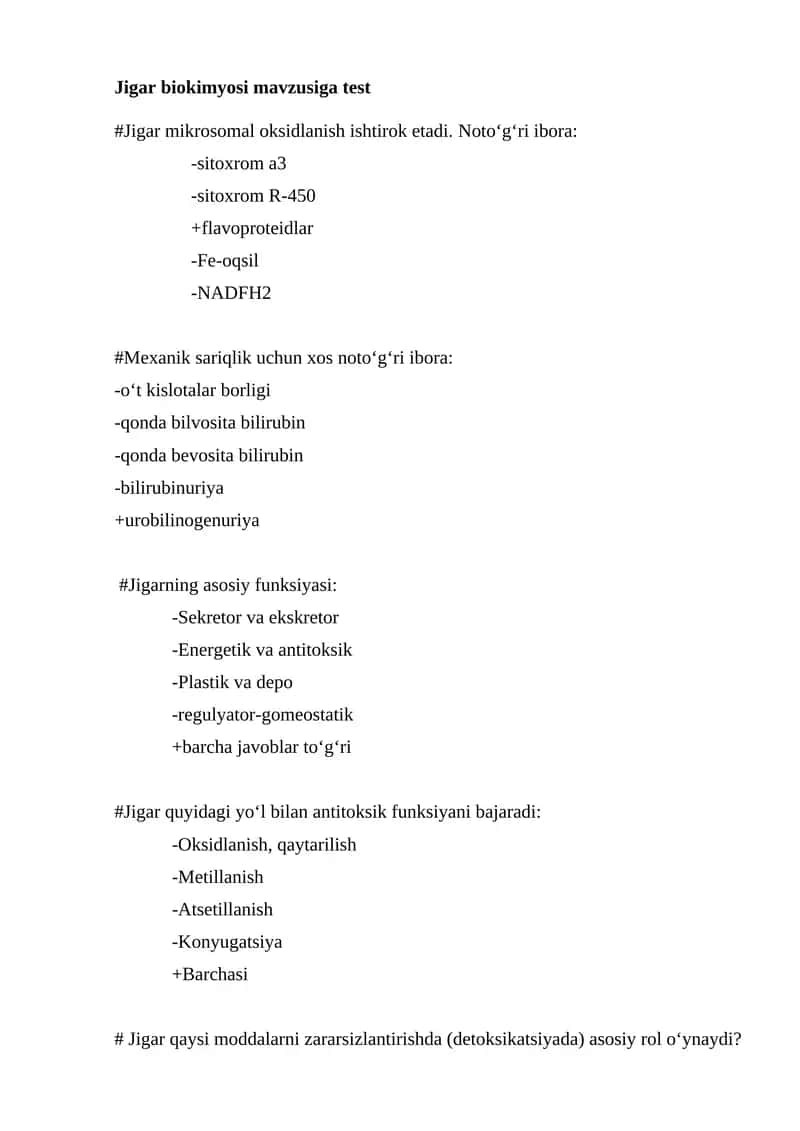 Jigar biokimyosi mavzusiga test 1
