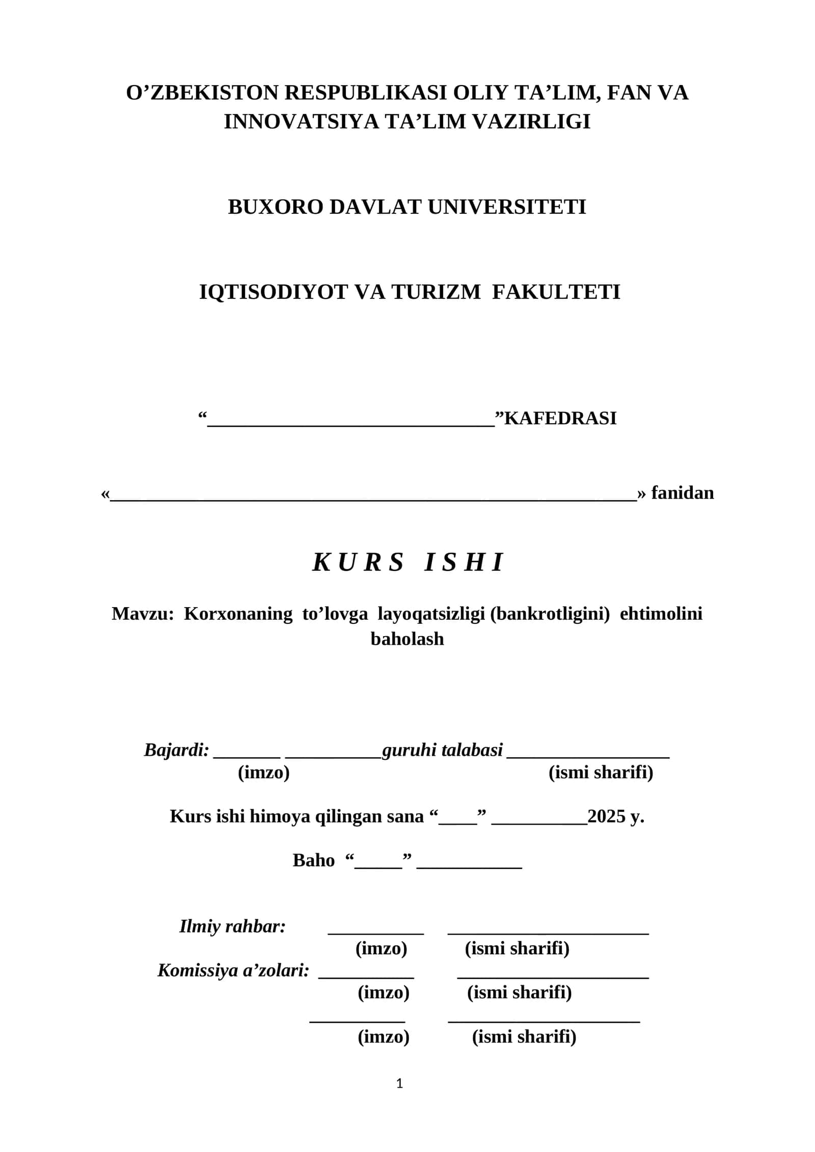 Korxonaning to’lovga layoqatsizligi (bankrotligini) ehtimolini baholash 1