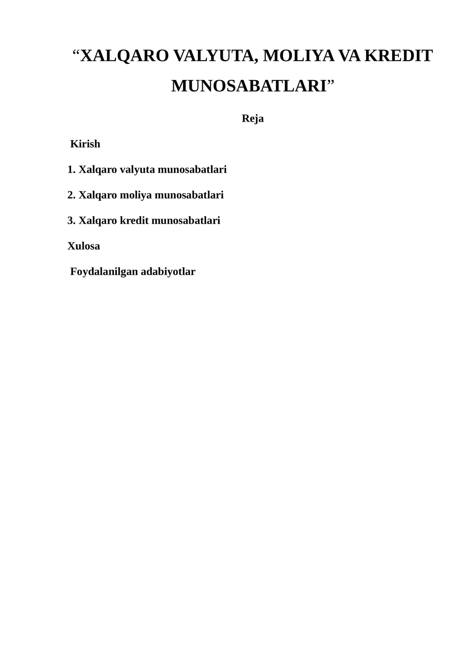 XALQARO VALYUTA, MOLIYA VA KREDIT MUNOSABATLARI 1