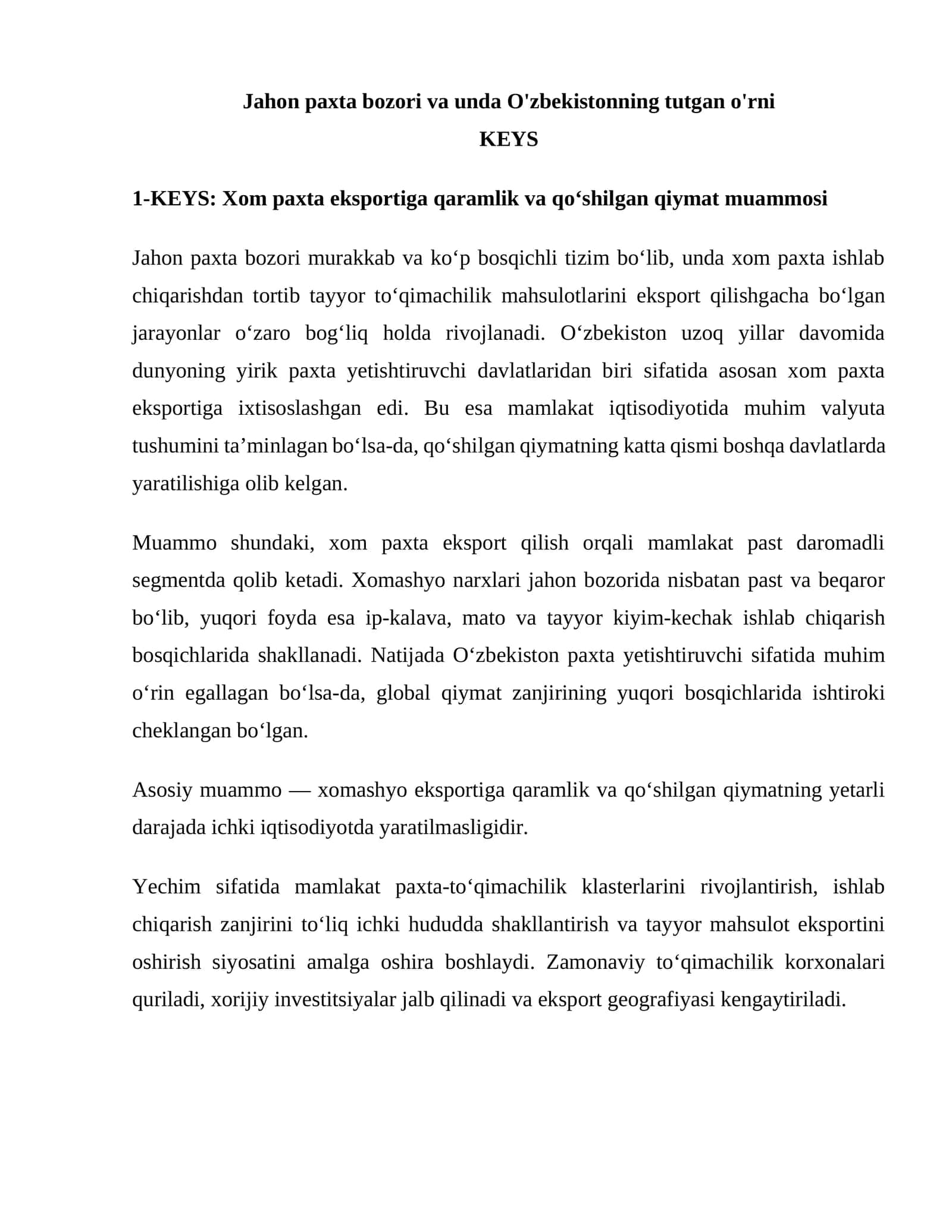 Jahon paxta bozori va unda O'zbekistonning tutgan o'rni 1