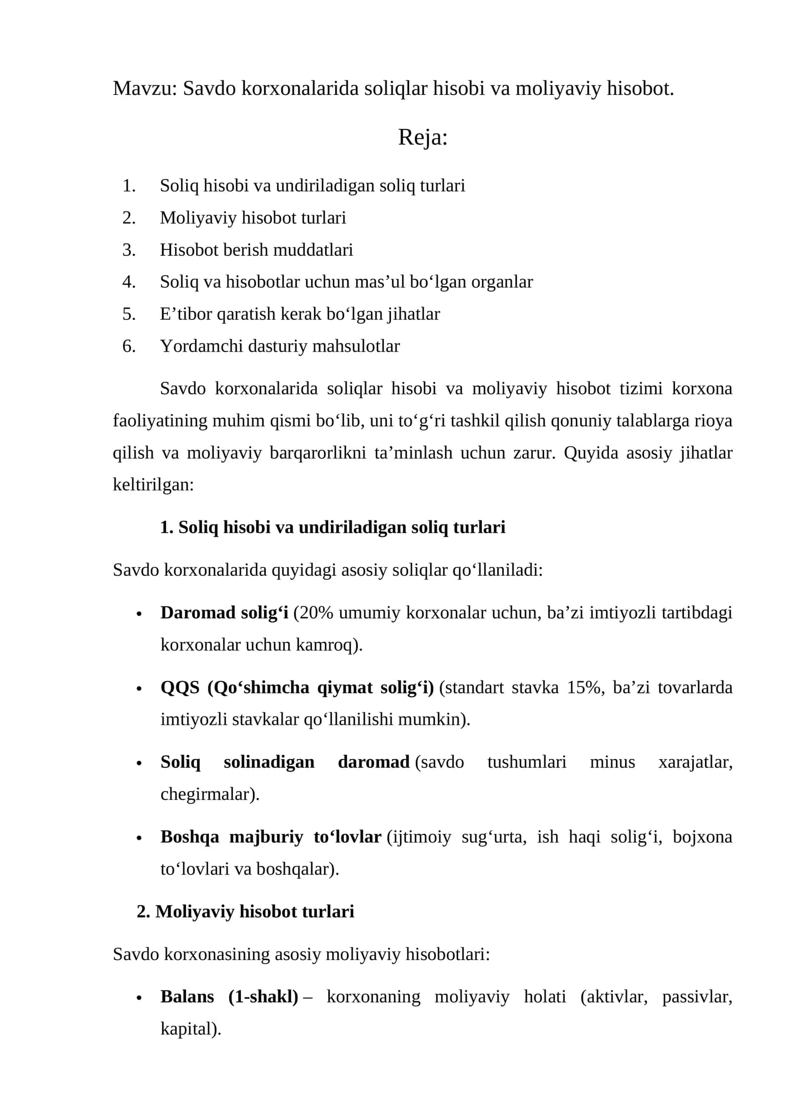 Savdo korxonalarida soliqlar hisobi va moliyaviy hisobot 1