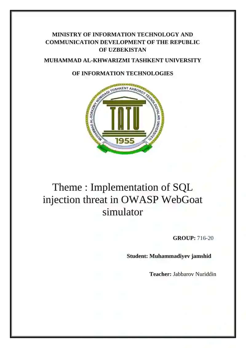 Implementation of SQL injection threat in OWASP WebGoat simulator
