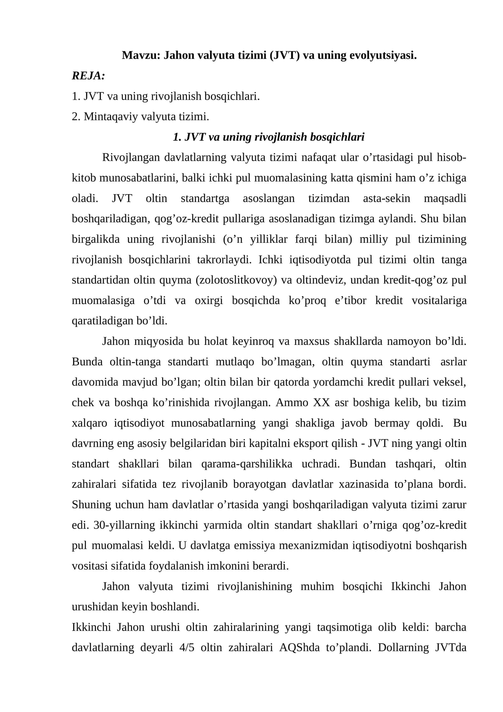 Jahon valyuta tizimi (JVT) va uning evolyutsiyasi 1