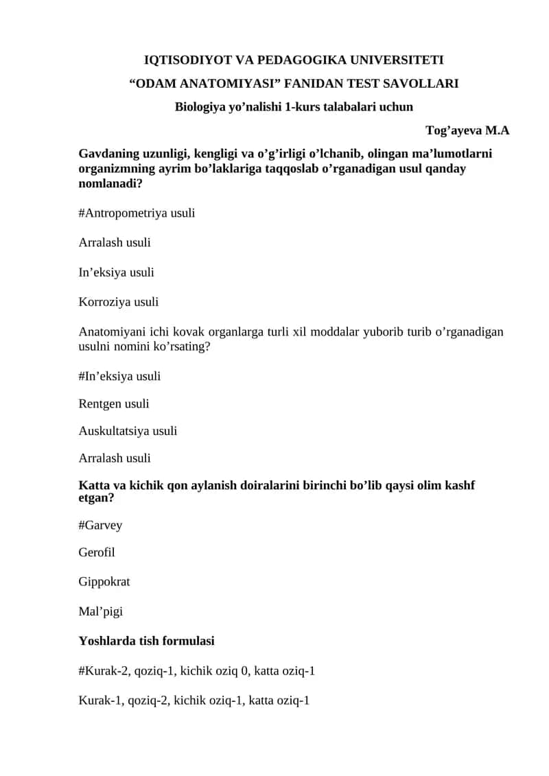 “ODAM ANATOMIYASI” FANIDAN TEST SAVOLLARI 1