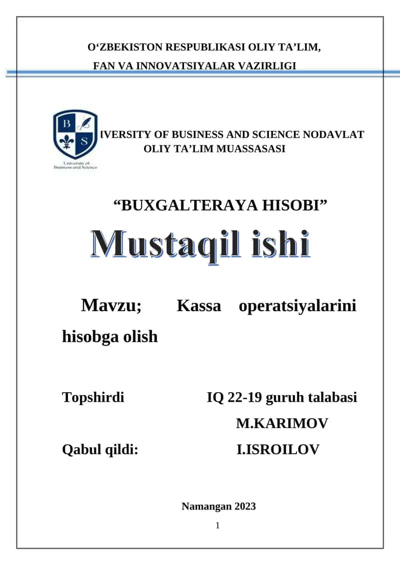 Kassa operatsiyalarini hisobga olish 1