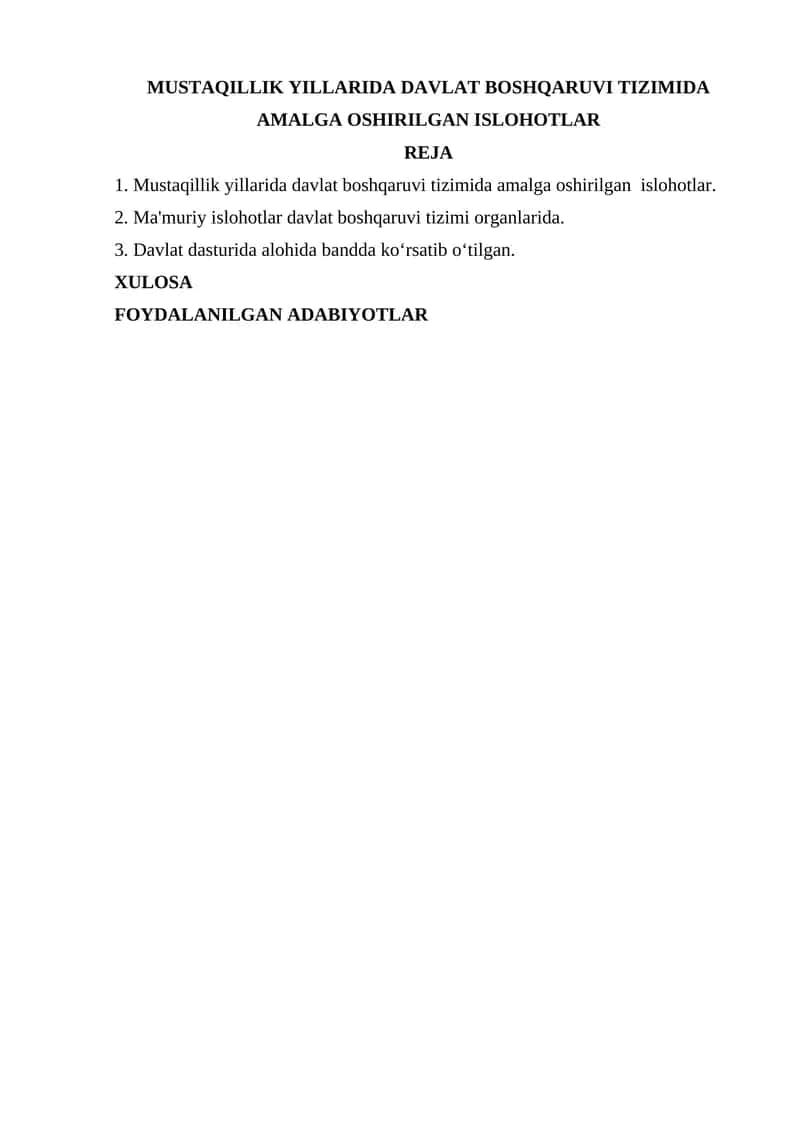 Mustaqillik Yillarida Davlat Boshqaruv Tizimida Amalga Oshirilgan Ishlohotlar 1