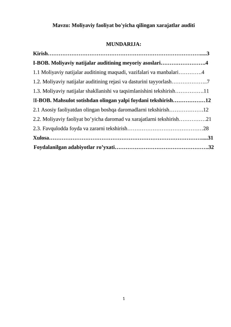 Moliyaviy faoliyat bo'yicha qilingan xarajatlar auditi 1