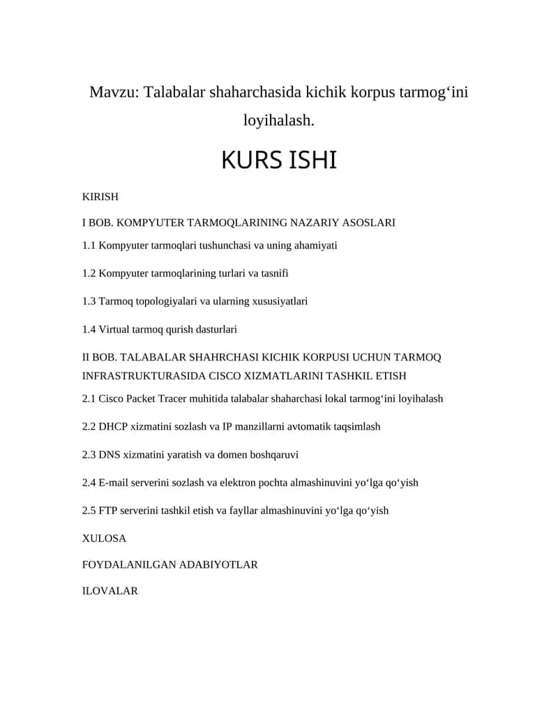 Talabalar shaharchasida kichik korpus tarmog‘ini loyihalash 1