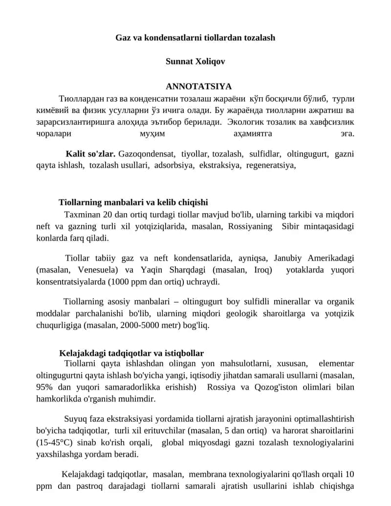 Gaz va kondensatlarni tiollardan tozalash 1