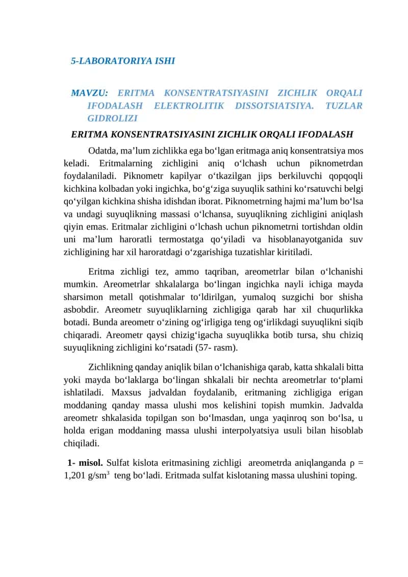 Eritma konsentratsiyasini zichlik orqali ifodalash 1