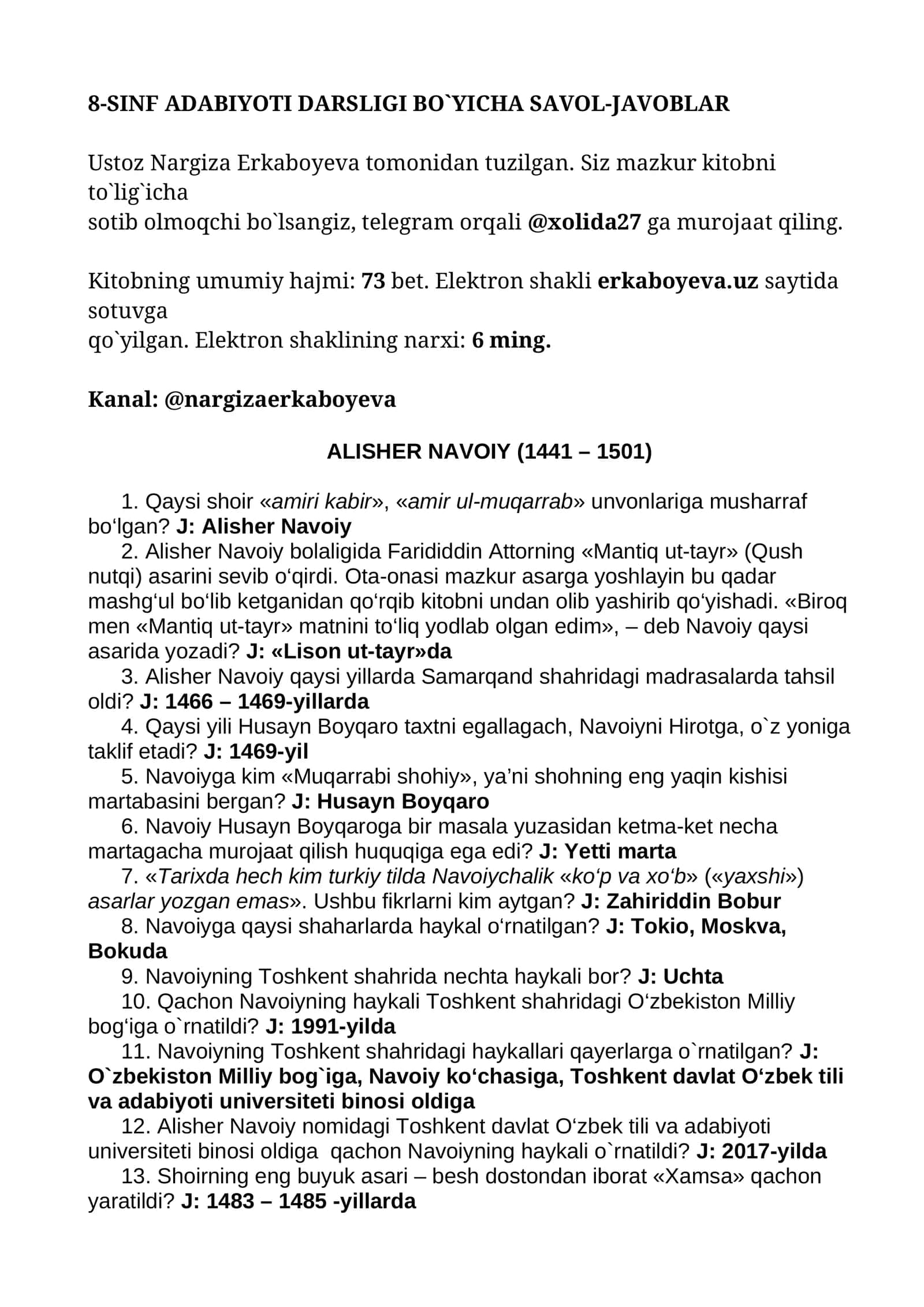 8-SINF ADABIYOTI DARSLIGI BO`YICHA SAVOL-JAVOBLAR 1