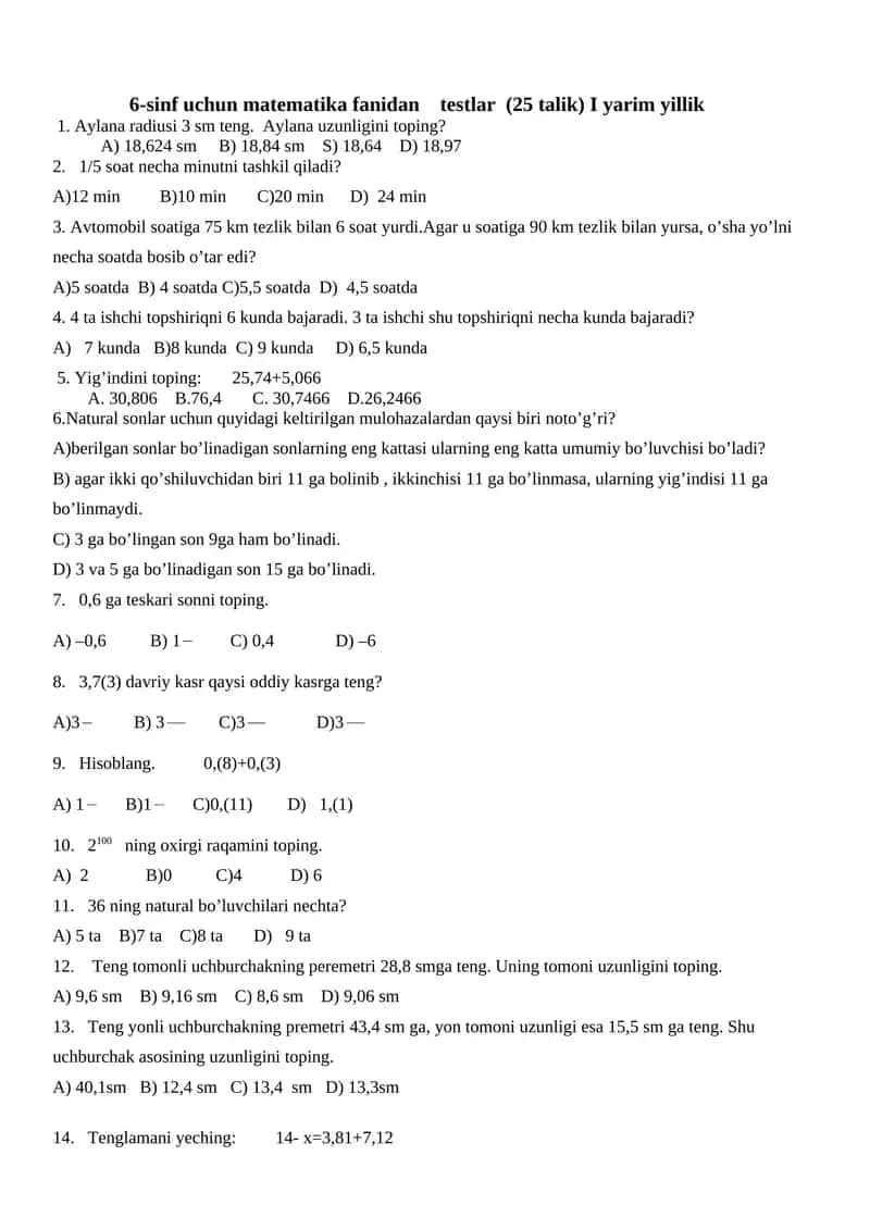 6-sinf uchun matematika fanidan testlar (25 talik) I yarim yillik 1
