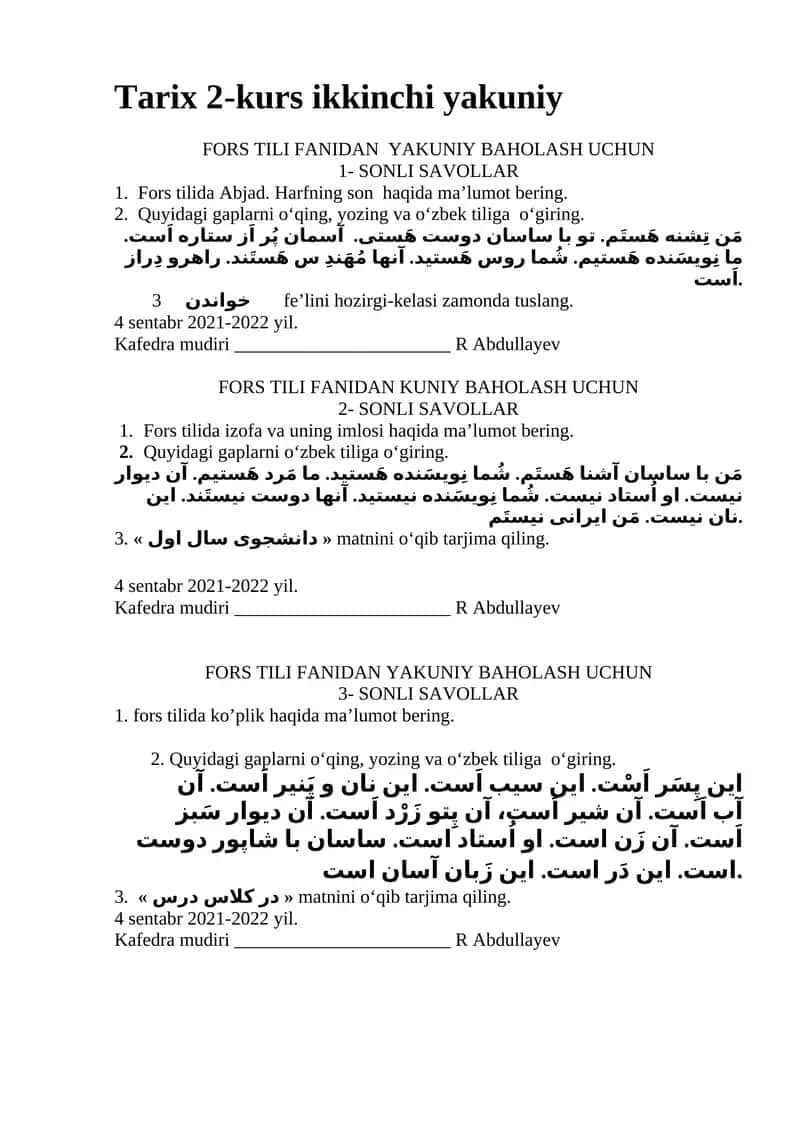 Fors Tili Fanidan Yakuniy Baholash Uchun 1