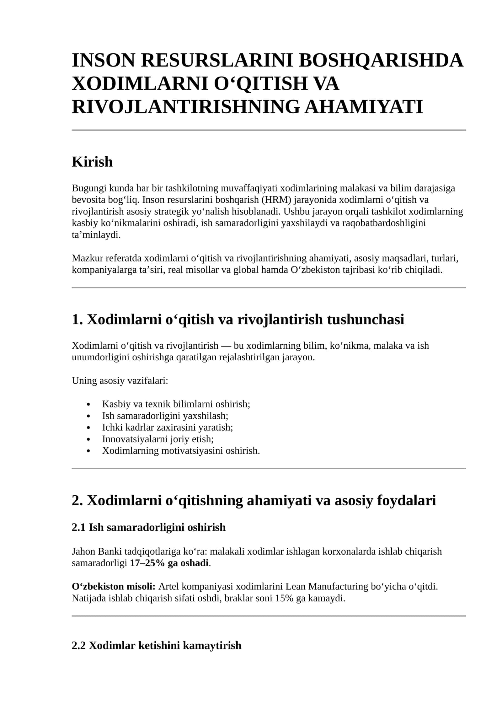 INSON RESURSLARINI BOSHQARISHDA XODIMLARNI O‘QITISH VA RIVOJLANTIRISHNING AHAMIYATI 1