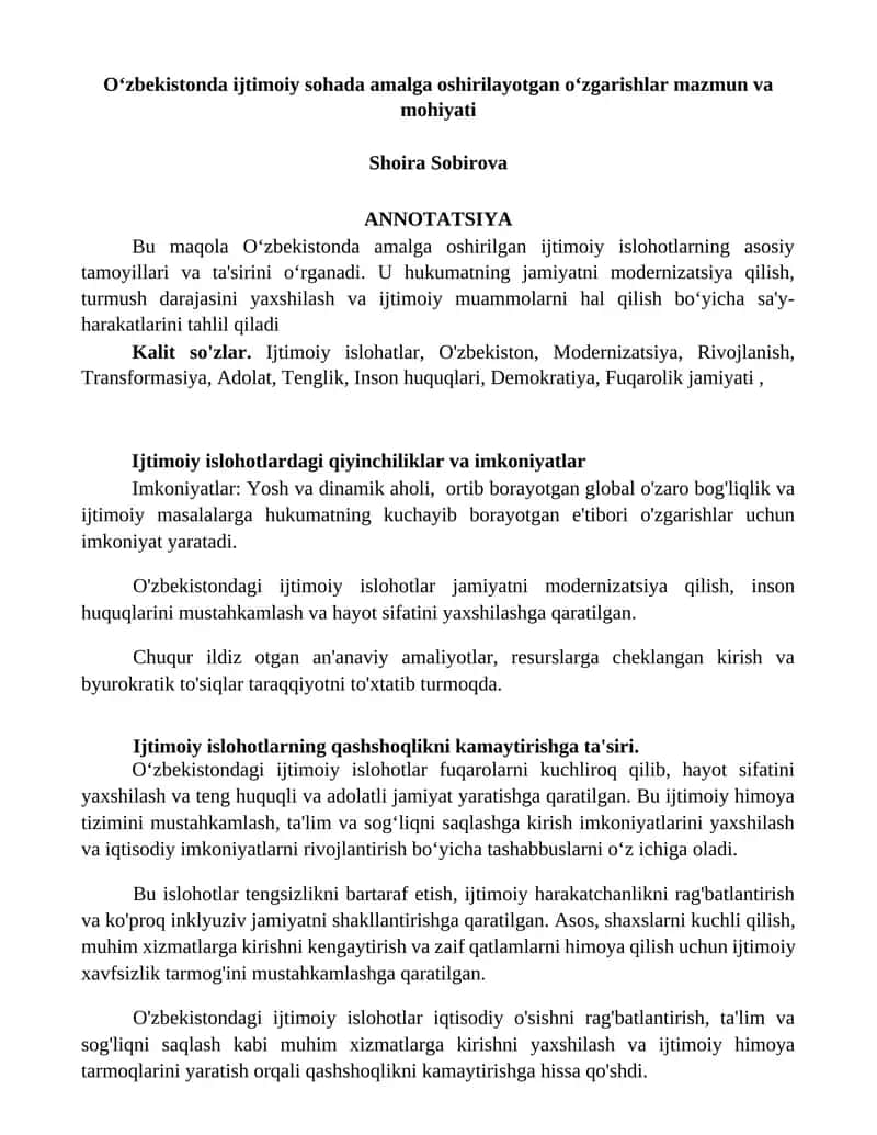 Ijtimoiy islohotlar Oʻzbekistonda 1
