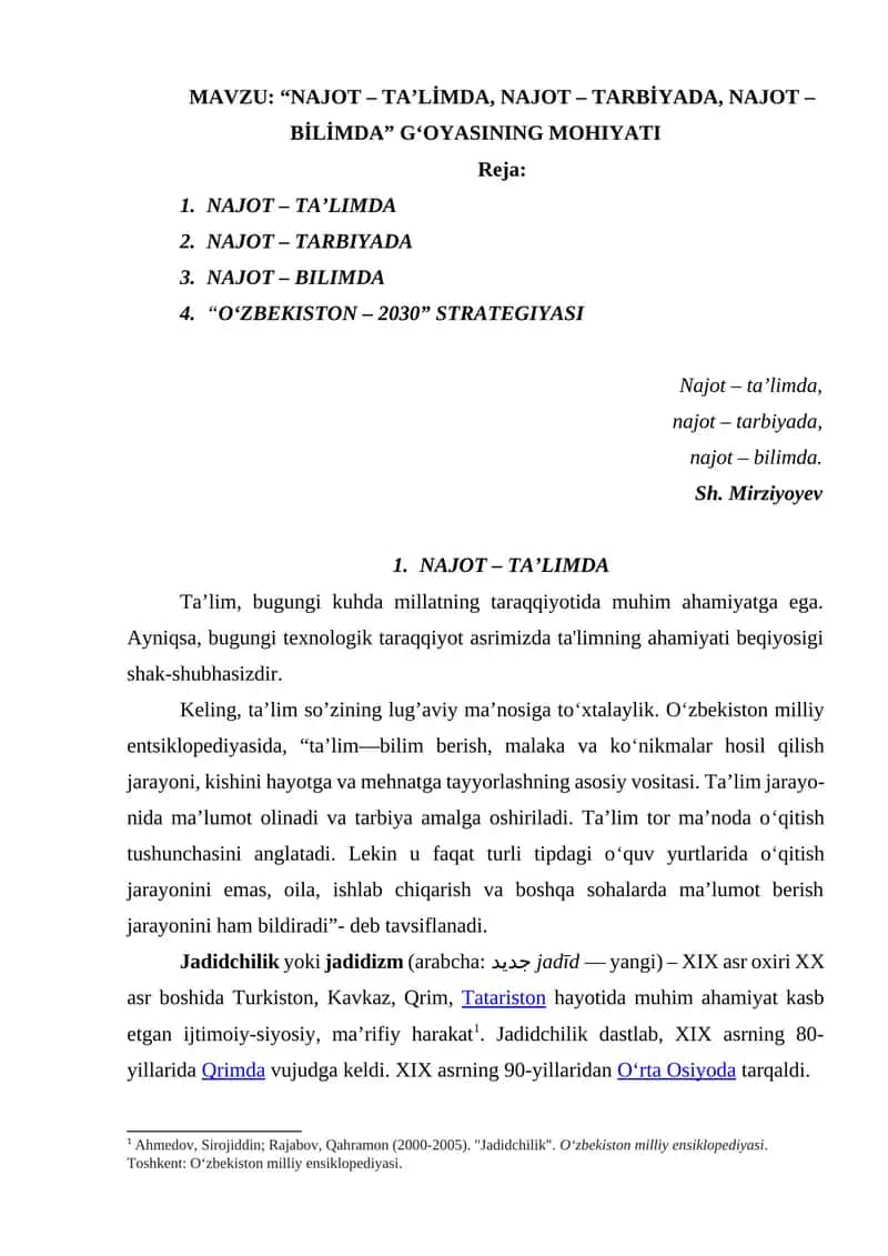 “NAJOT – TA’LİMDA, NAJOT – TARBİYADA, NAJOT – BİLİMDA” G‘OYASINING MOHIYATI 1