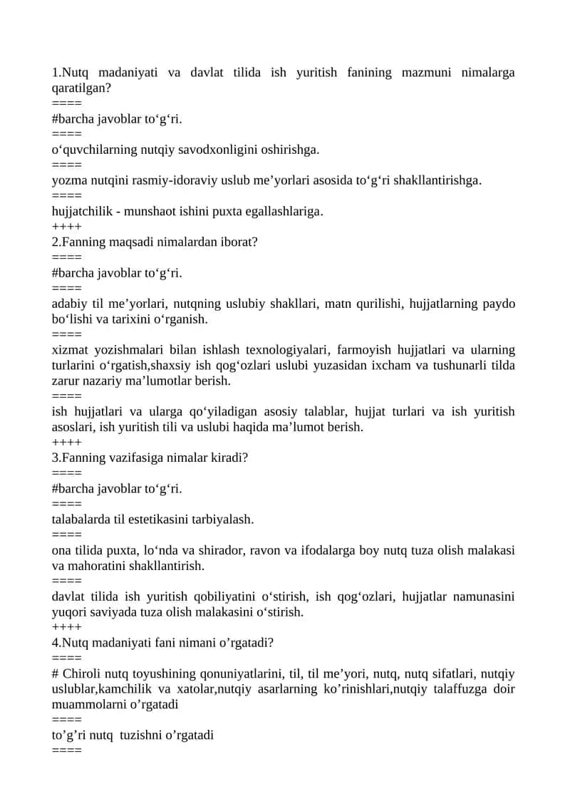Nutq madaniyati va davlat tilida ish yuritish fanining mazmuni nimalarga qaratilgan? 1